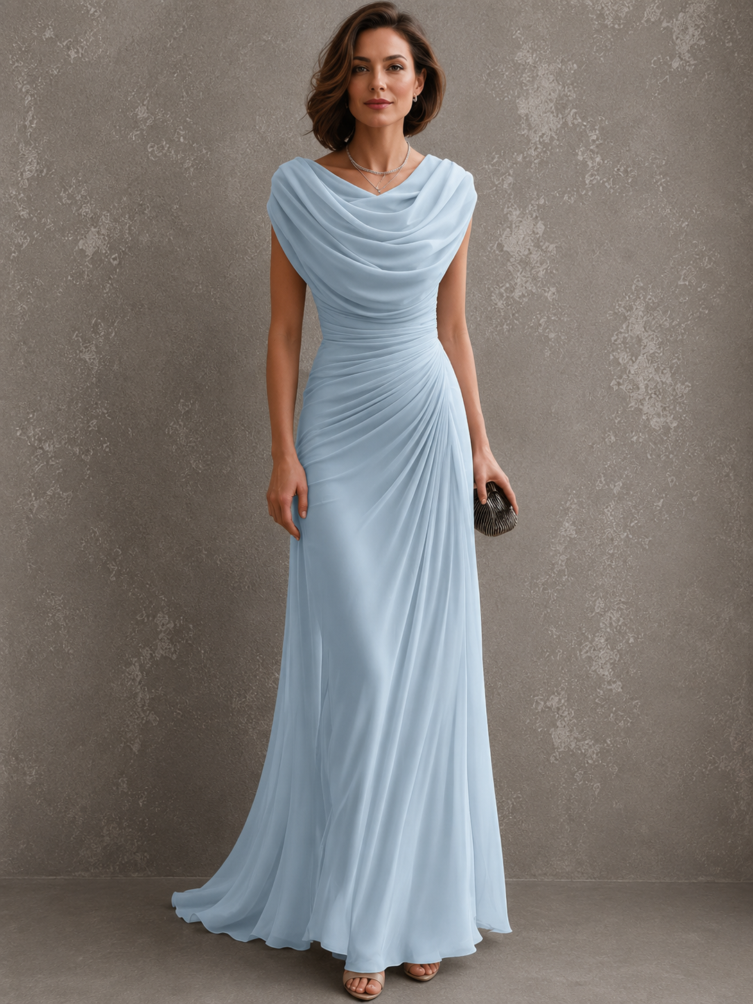 Women’s Wedding Guest Maxi Dress Cowl Neck Ruched Waist Sleeveless – Formal Receptions