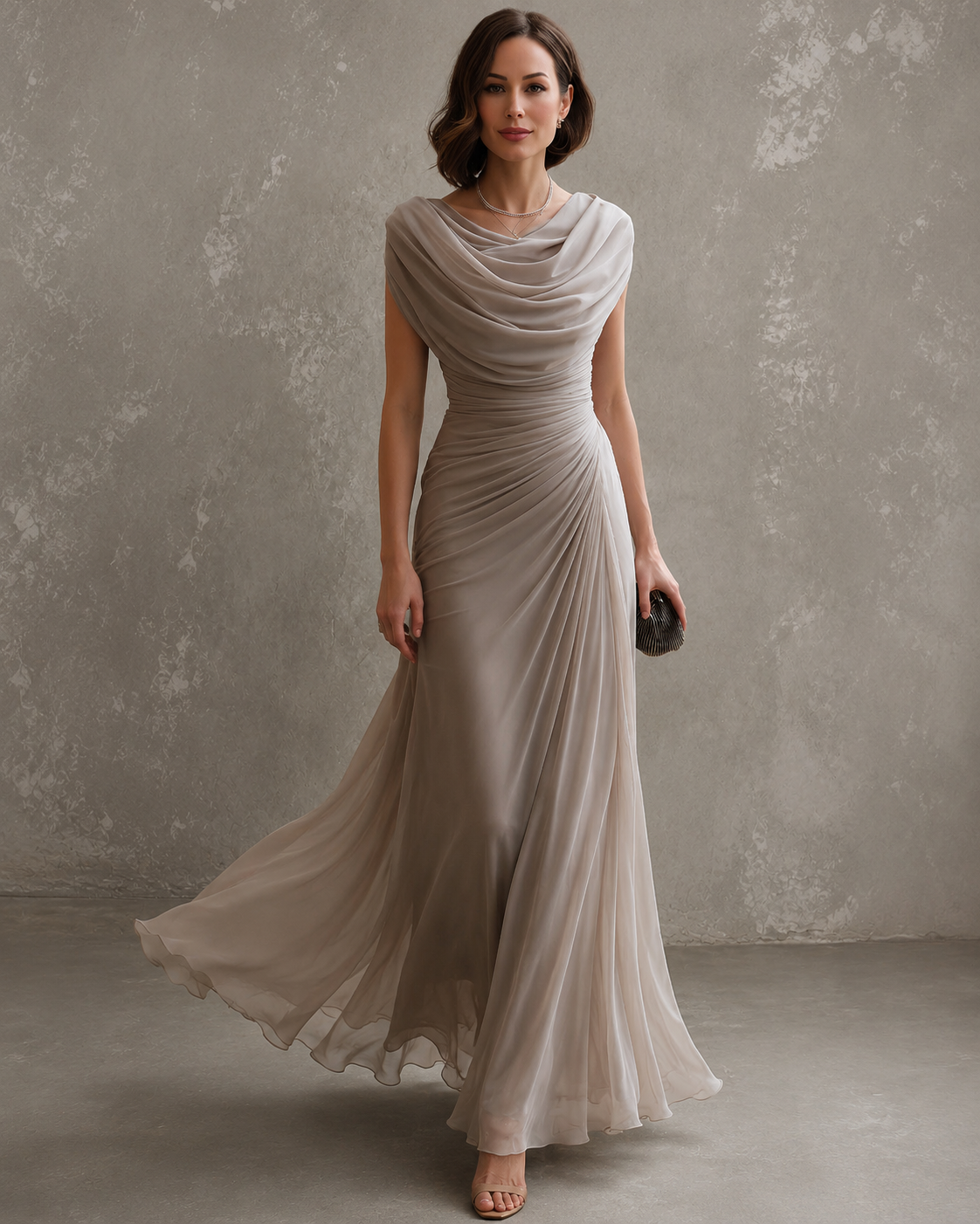 Women’s Wedding Guest Maxi Dress Cowl Neck Ruched Waist Sleeveless – Formal Receptions