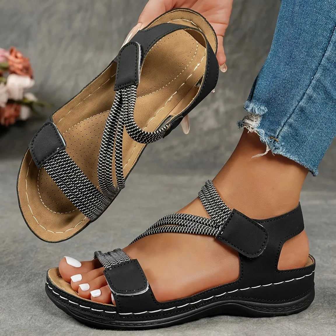 Women's Wedge Sandals Open Toe Braided Strap Hook Loop – Daytime Outings