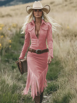 Women's Western Fringe Midi Dress Long Sleeve Zip Front – Country Concert