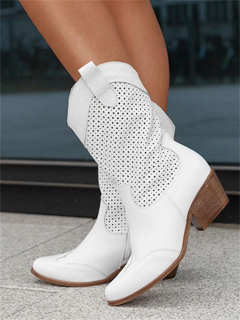 Women's Western Mid-Calf Boots Perforated Pointed Toe – Western Style Wear