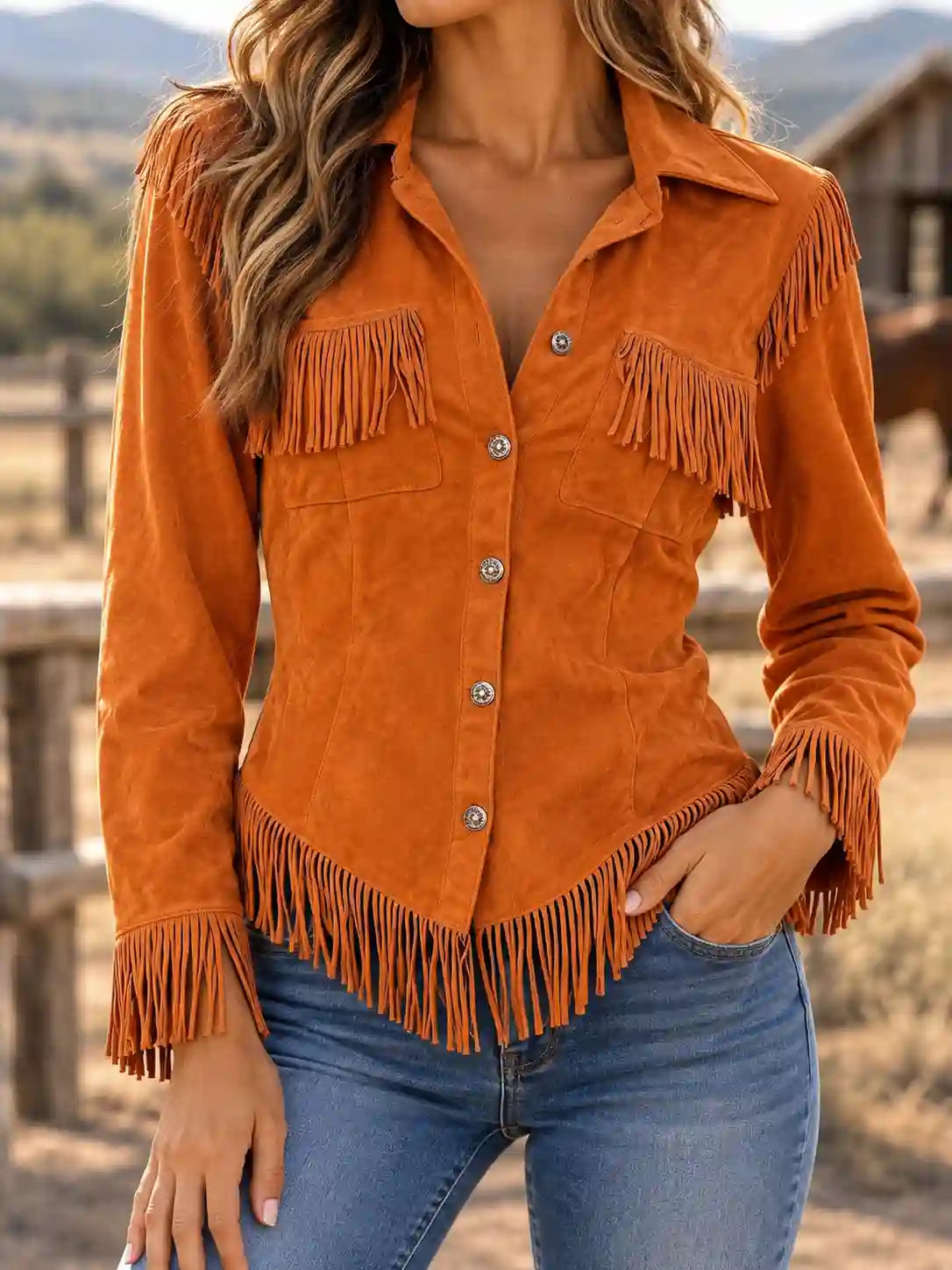 Women’s Western Shirt Point Collar Button Front Fringe Detail – Country Fair Visits