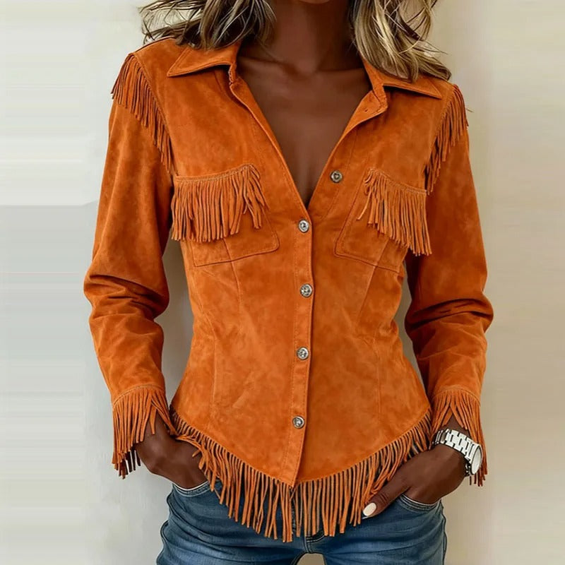 Women’s Western Shirt Point Collar Button Front Fringe Detail – Country Fair Visits