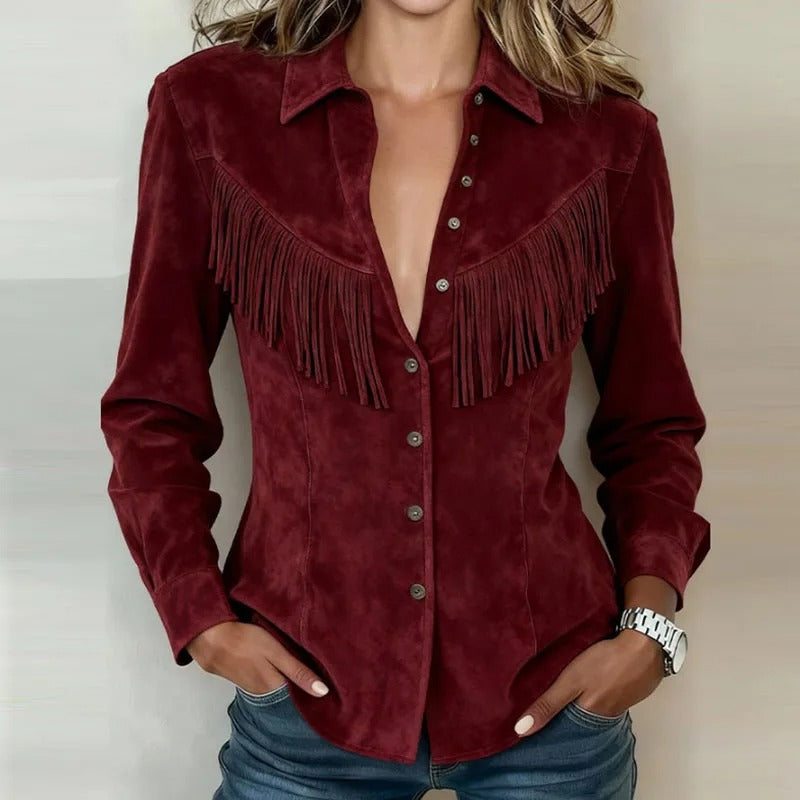 Women’s Western Shirt Point Collar Button Front Fringe Detail – Country Fair Visits