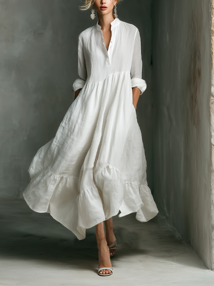 Women's White Maxi Dress Split Neck Ruffle Hem – Garden Party