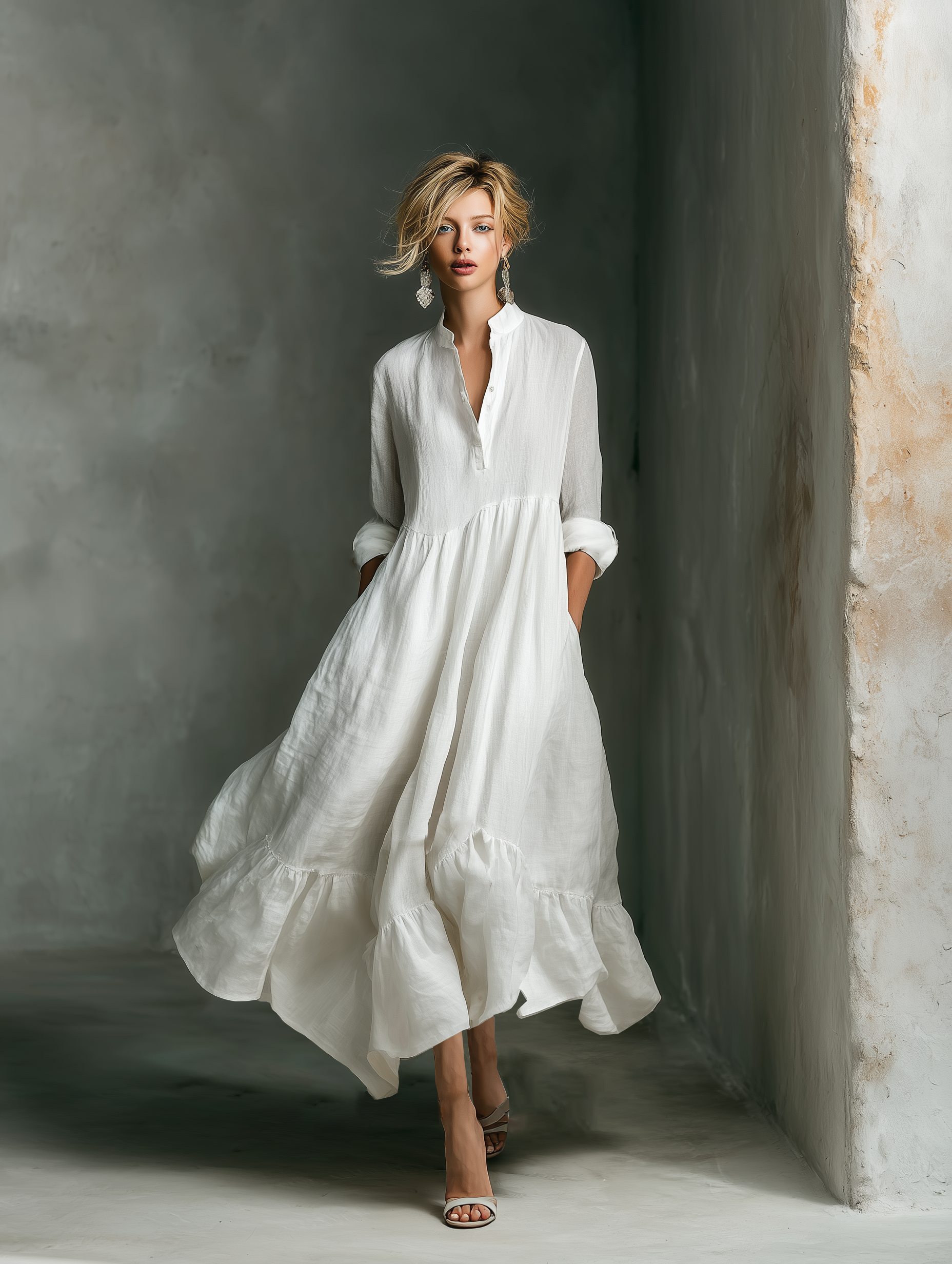 Women's White Maxi Dress Split Neck Ruffle Hem – Garden Party
