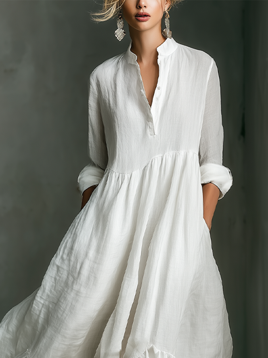 Women's White Maxi Dress Split Neck Ruffle Hem – Garden Party