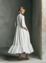 Women's White Maxi Dress Split Neck Ruffle Hem – Garden Party