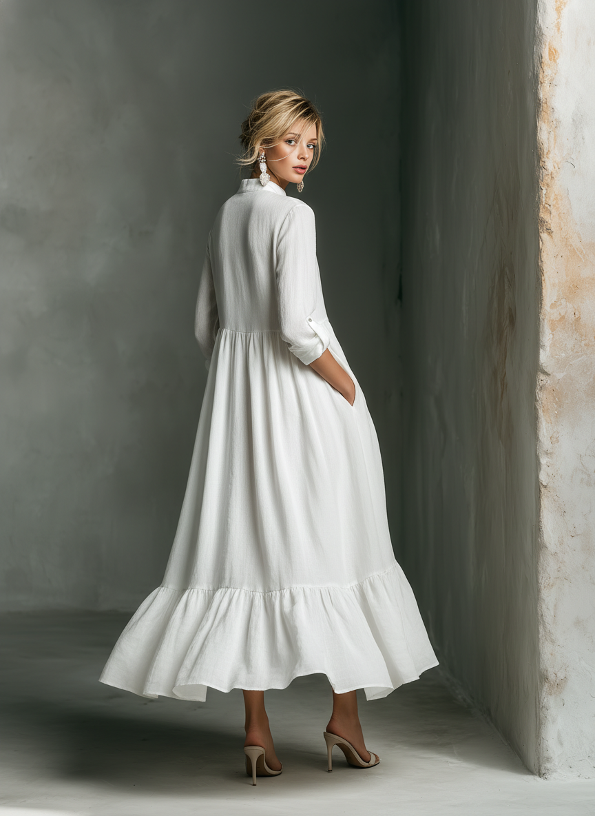 Women's White Maxi Dress Split Neck Ruffle Hem – Garden Party
