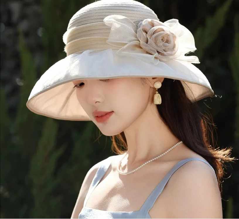 Women's Wide Brim Sun Hat Woven Floral – Beach Vacation Boho Summer