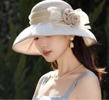 Women's Wide Brim Sun Hat Woven Floral – Beach Vacation Boho Summer