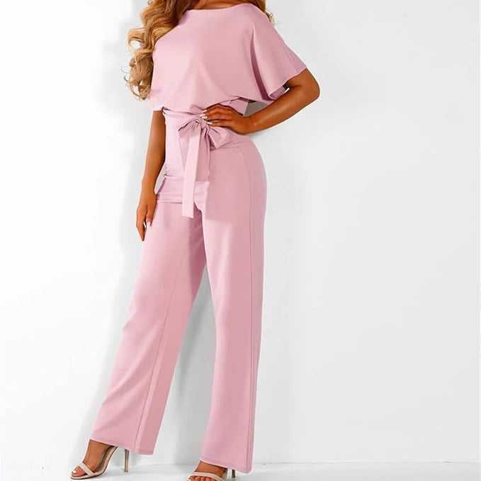 Women's Wide Leg Jumpsuit Draped Cape Sleeve Tie Waist – Cocktail Party