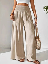 Women's Wide Leg Pants Smocked High Waist Lounge –Casual Wear