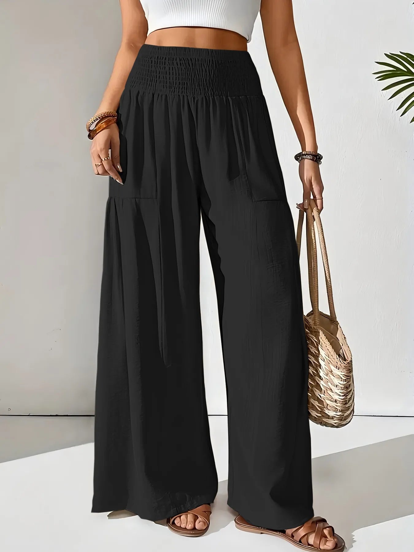 Women's Wide Leg Pants Smocked High Waist Lounge –Casual Wear