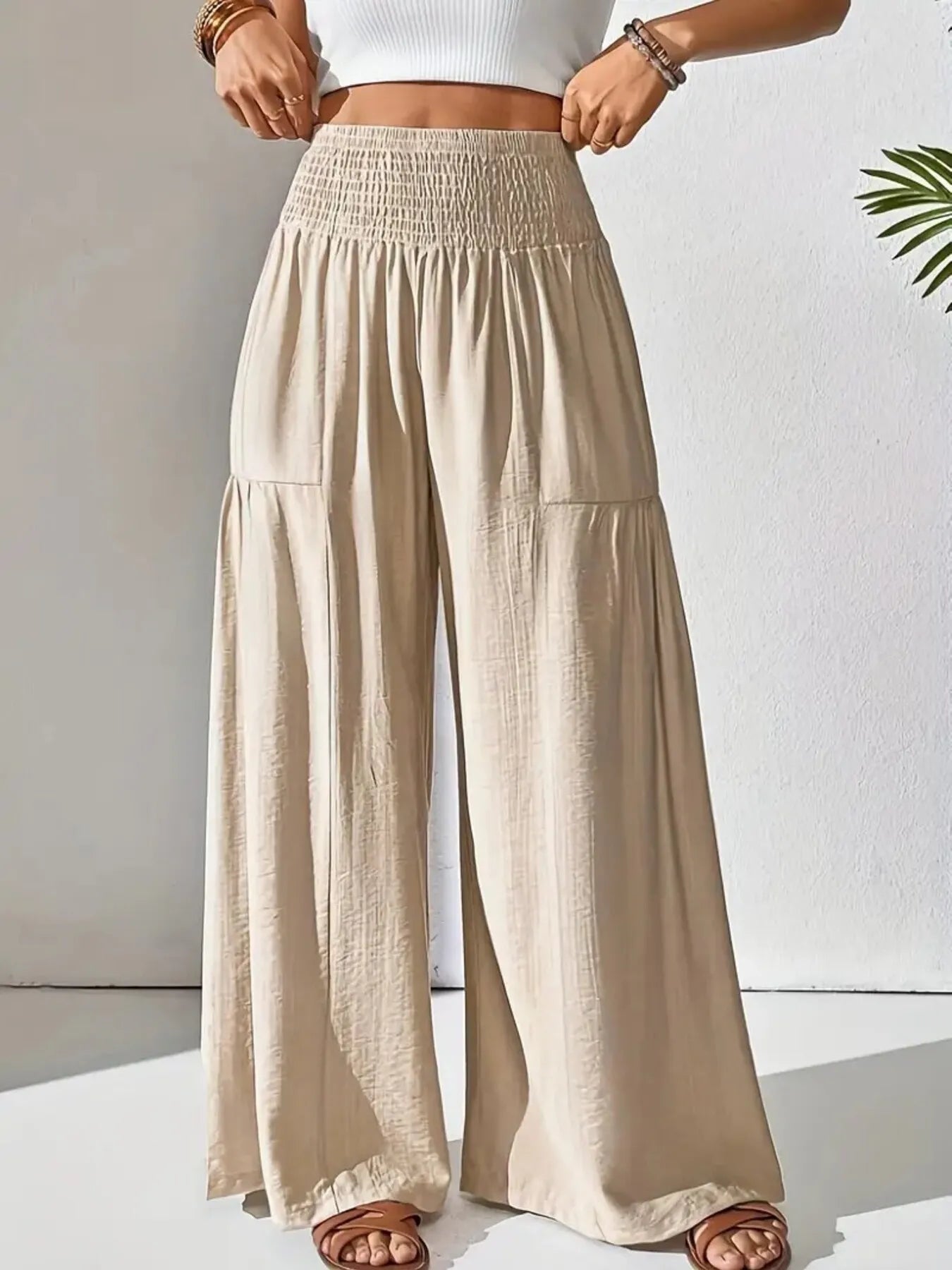 Women's Wide Leg Pants Smocked High Waist Lounge –Casual Wear