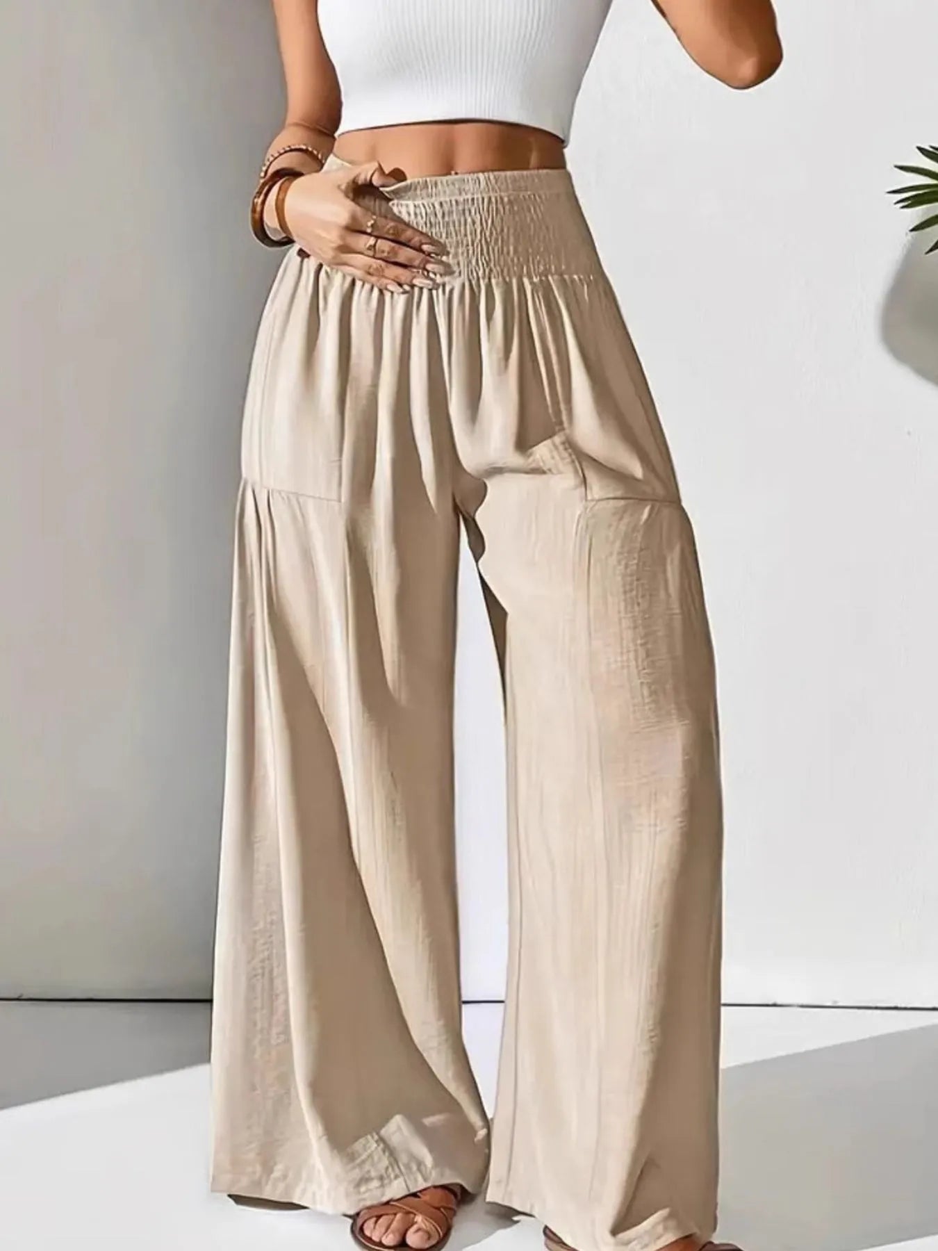 Women's Wide Leg Pants Smocked High Waist Lounge –Casual Wear