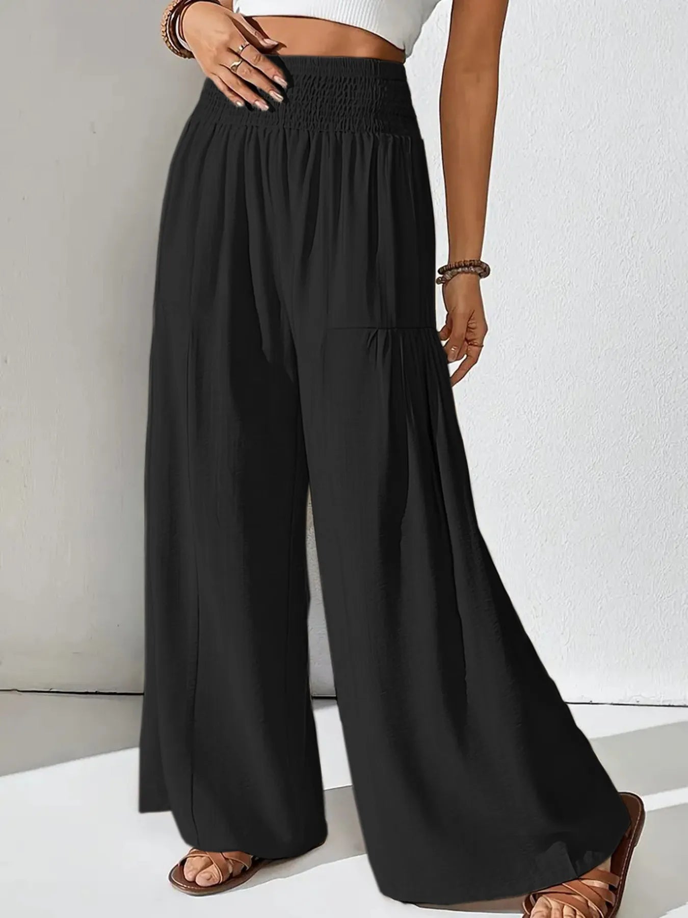Women's Wide Leg Pants Smocked High Waist Lounge –Casual Wear