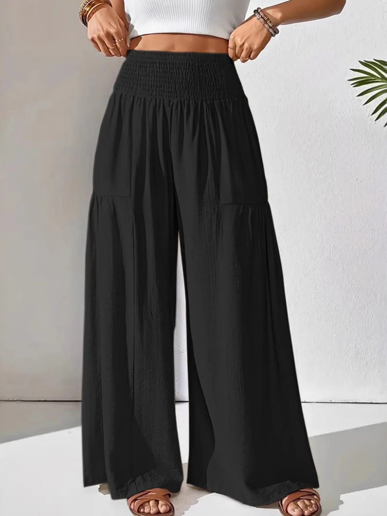 Women's Wide Leg Pants Smocked High Waist Lounge –Casual Wear