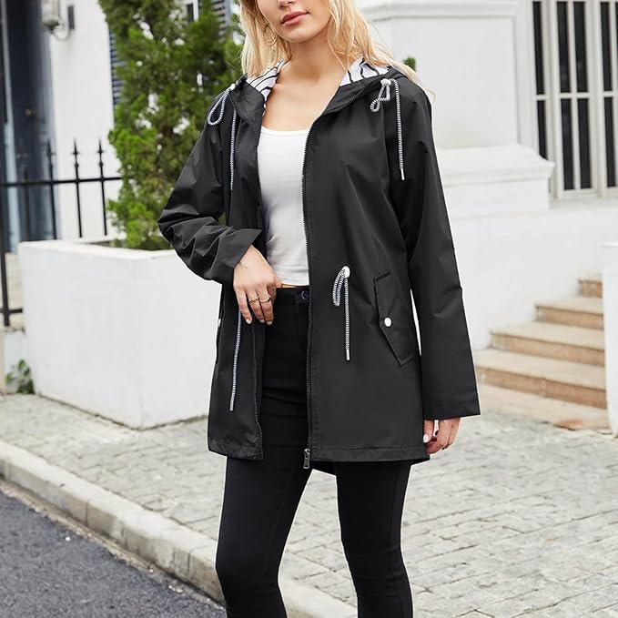 Women's Windbreaker Rain Jacket Hooded Full Zip Mid-Thigh – Seasonal Weather Wear