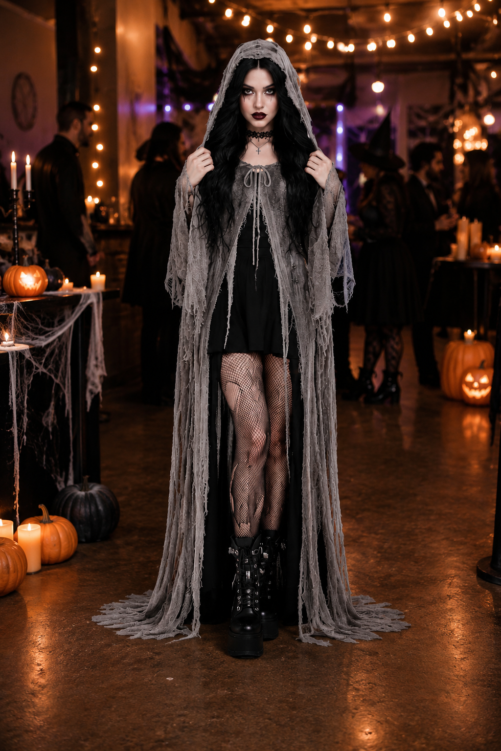 Women's Witch Costume Hooded Cape Distressed Long Sleeve – Halloween Festival
