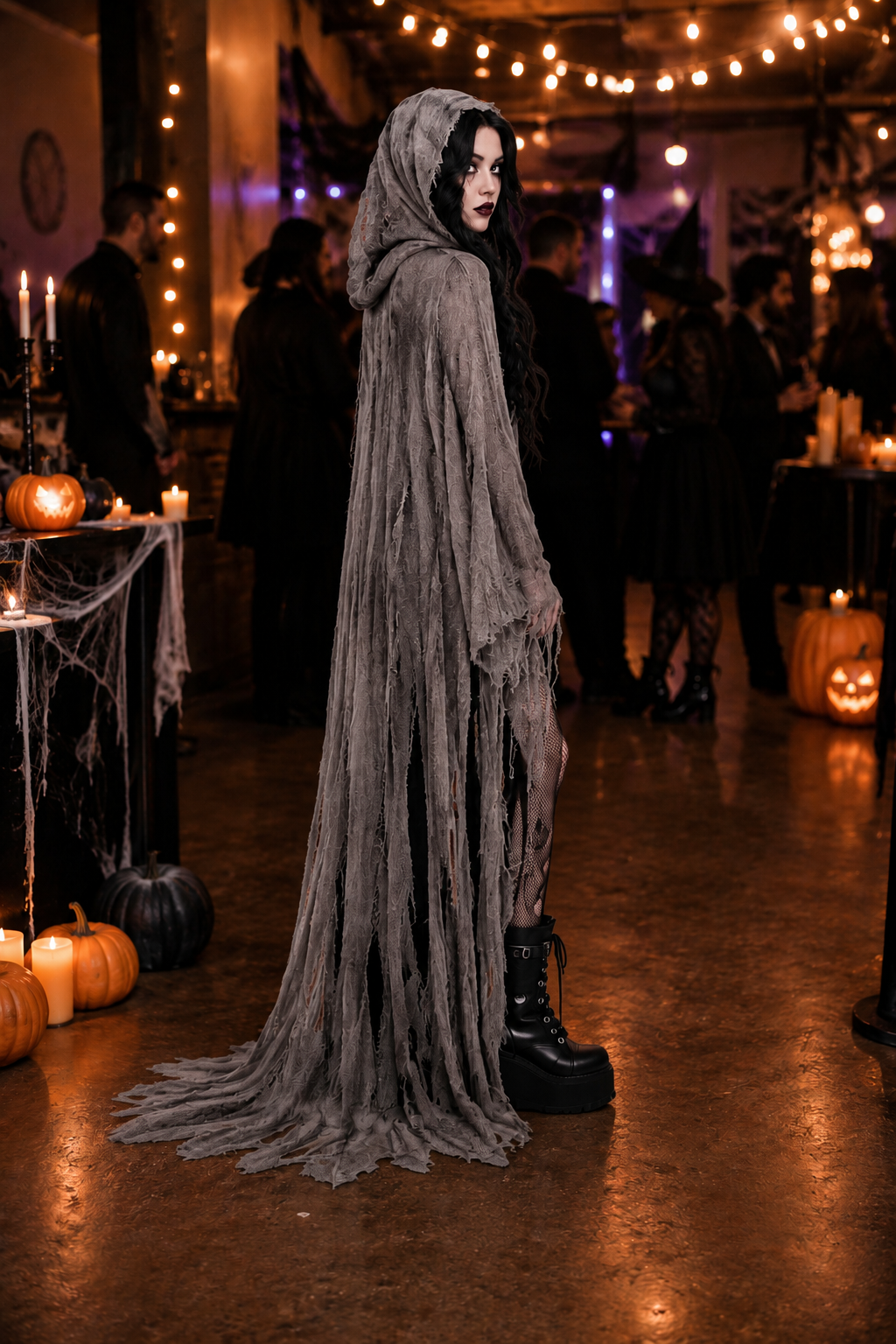 Women's Witch Costume Hooded Cape Distressed Long Sleeve – Halloween Festival