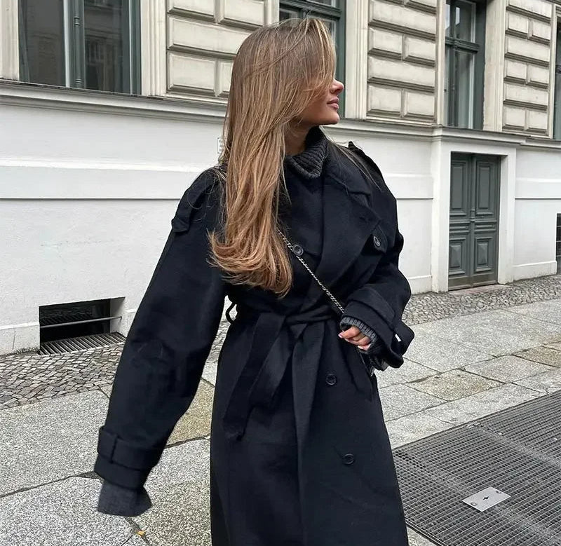 Women’s Wool Trench Coat Notched Collar Double Breasted Belted – City Appointments