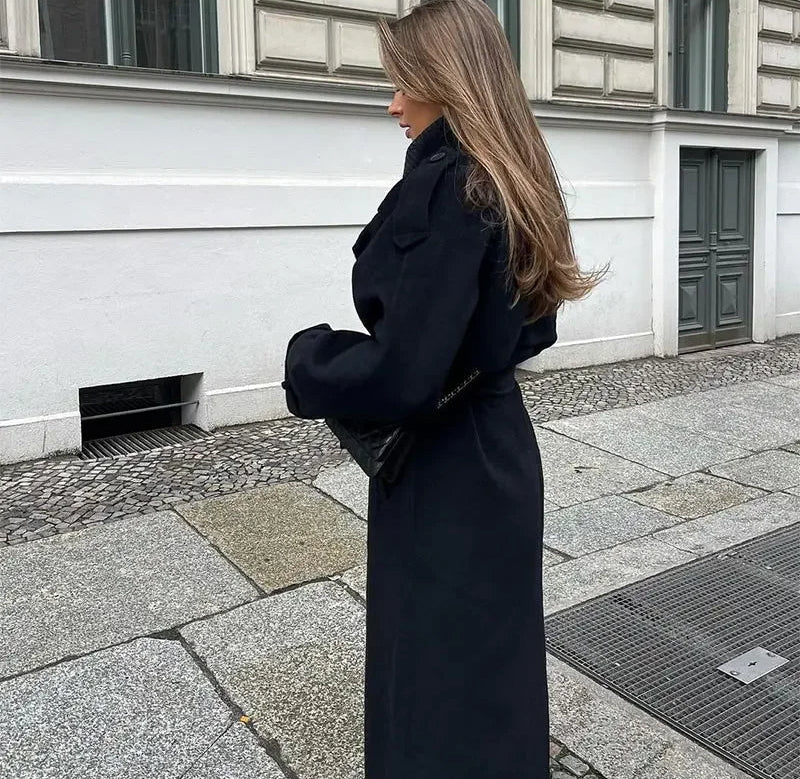 Women’s Wool Trench Coat Notched Collar Double Breasted Belted – City Appointments