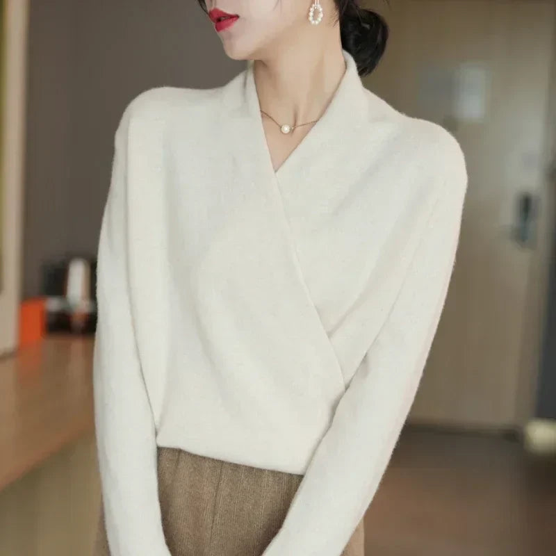 Women's Wrap Sweater V Neck Long Sleeve Pullover Ribbed Hem – Workwear