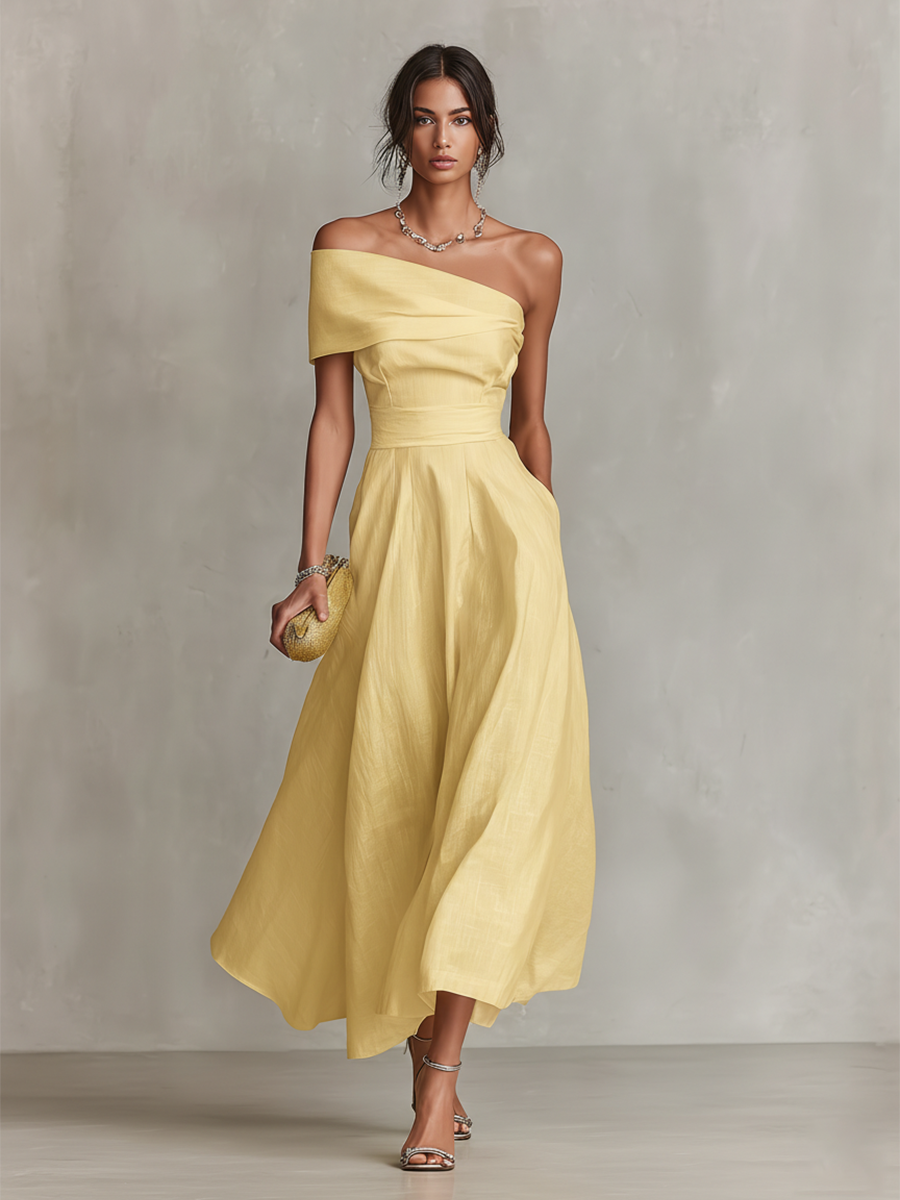Women's Yellow Maxi Dress Off Shoulder Foldover A-Line – Garden Party Reception