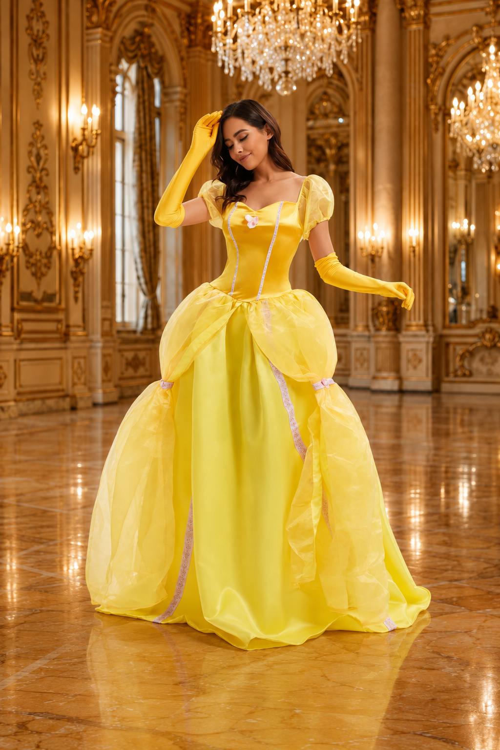 Women's Yellow Princess Dress Costume Puff Sleeve Waist Bow – Halloween Ball