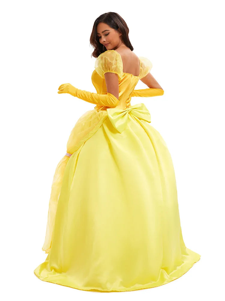 Women's Yellow Princess Dress Costume Puff Sleeve Waist Bow – Halloween Ball