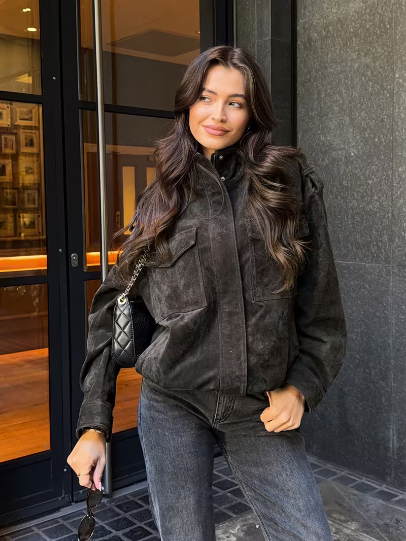 Women's Zip Up Utility Jacket Stand Collar Pocket – Date Night