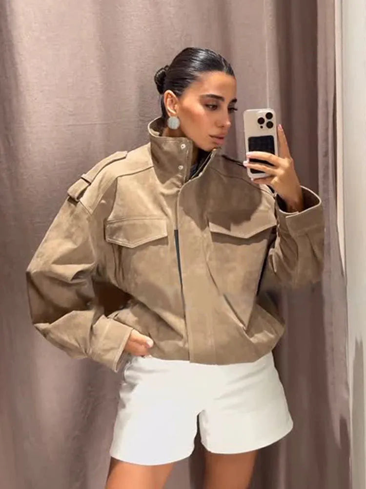 Women's Zip Up Utility Jacket Stand Collar Pocket – Date Night