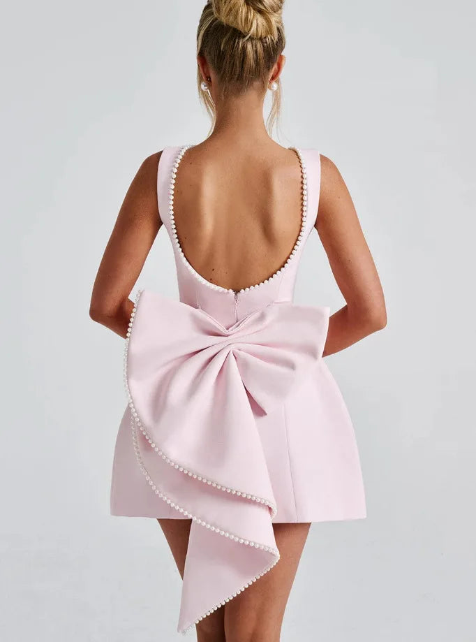 Women's Mini Dress A-Line Bateau Neck Pearl Trim – Wedding Guest Dress