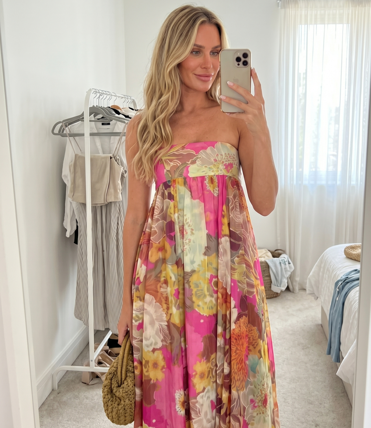 Customer mirror selfie wearing pink floral maxi dress — Emmy & Ellie verified buyer review