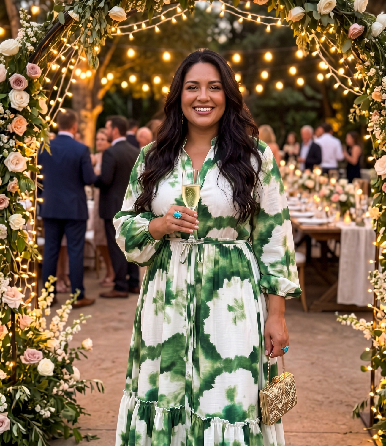 Plus size Latina woman in floral dress at outdoor wedding — Emmy & Ellie verified buyer review