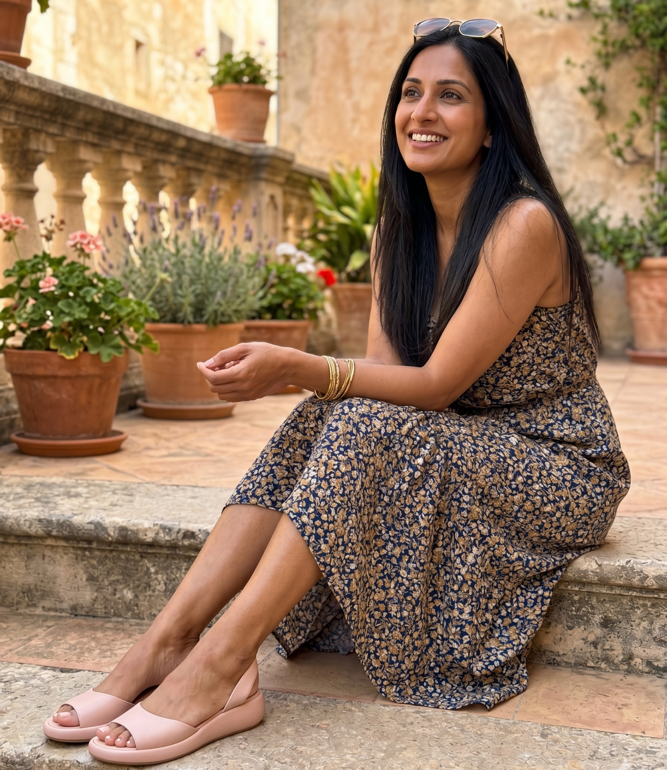 Indian-American woman wearing strappy sandals on sunny outdoor terrace — Emmy & Ellie verified buyer review