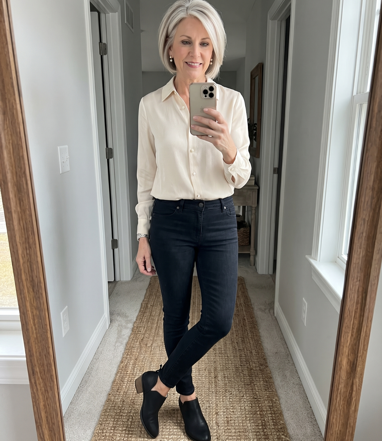 Woman aged 58 wearing ankle boots with jeans hallway mirror selfie — Emmy & Ellie verified buyer review