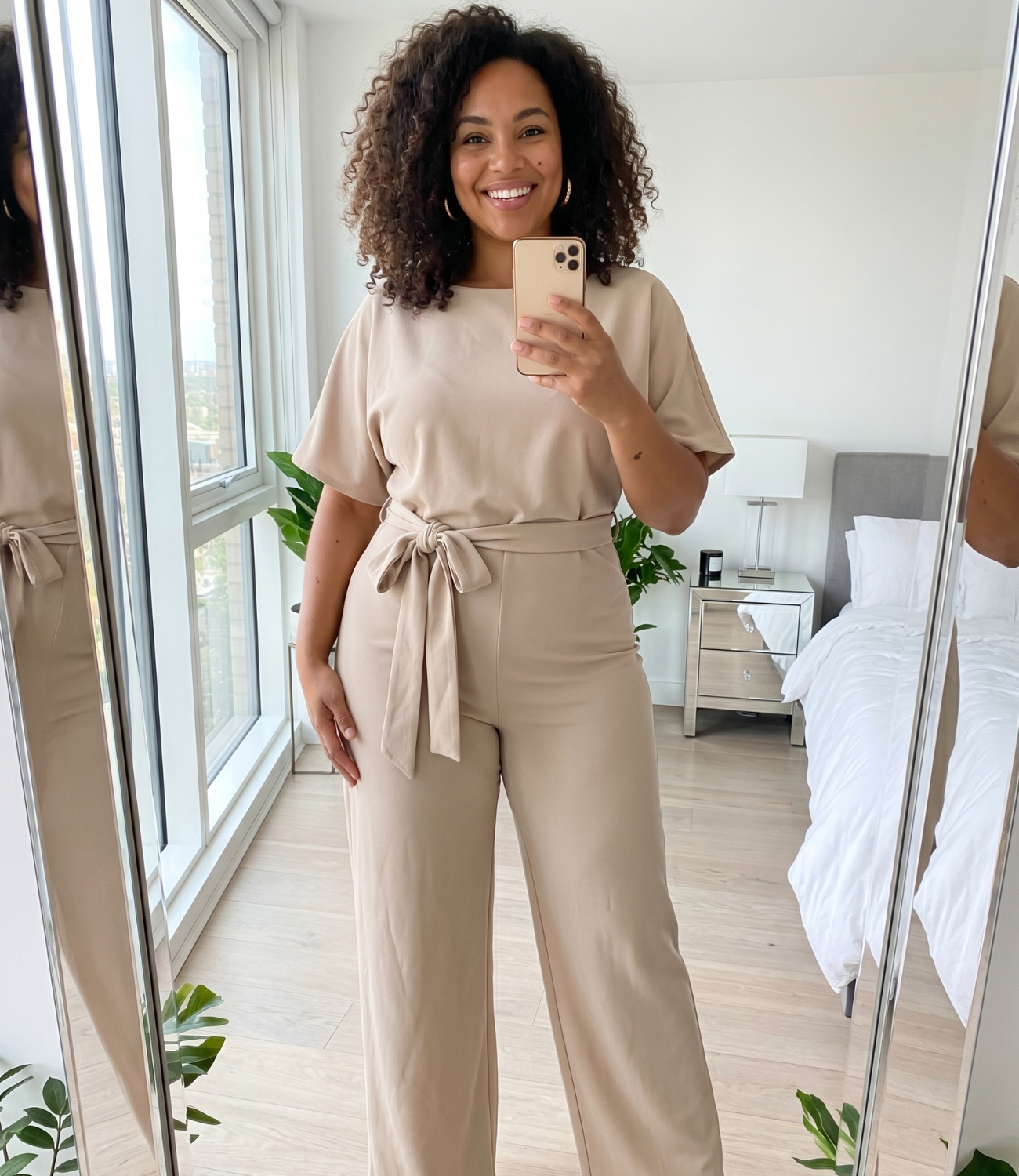 Plus size woman in jumpsuit bedroom mirror selfie — Emmy & Ellie verified buyer review
