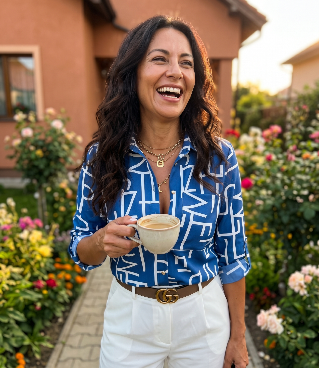 Hispanic woman wearing floral blouse outside suburban home — Emmy & Ellie verified buyer review