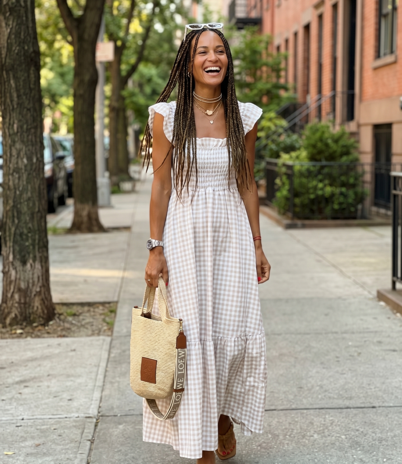 Nigerian-American woman in floral dress on sunny city street — Emmy & Ellie verified buyer review