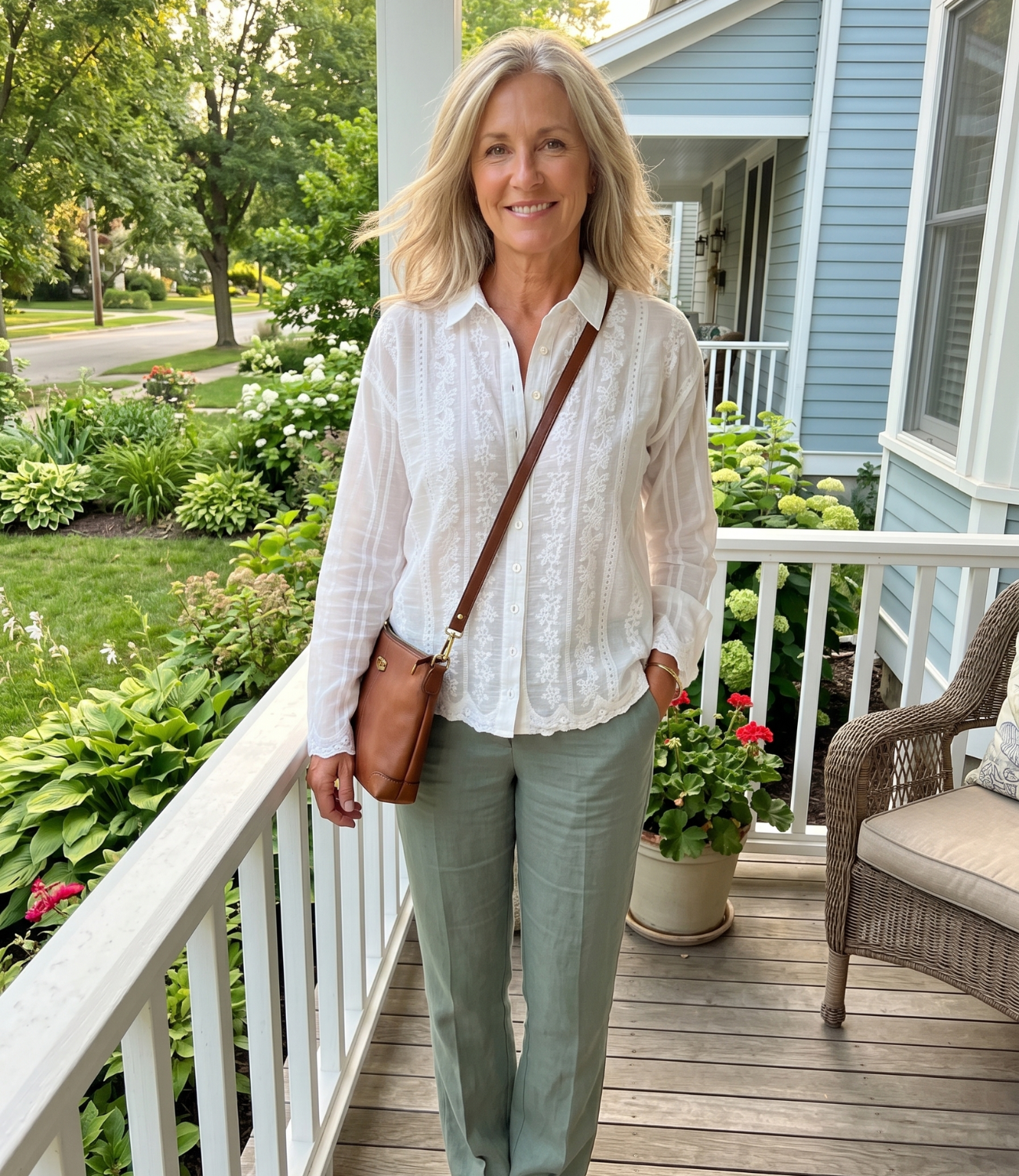 Woman aged 54 wearing blouse on front porch — Emmy & Ellie verified buyer review