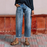 Women’s Straight-Leg Cropped Jeans Distressed Frayed Hem – City Market Visits