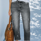Women’s Straight-Leg Cropped Jeans Distressed Frayed Hem – City Market Visits