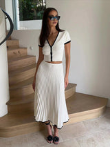 Women's 2 Piece Set Pleated Midi Skirt Short Sleeve – Garden Party Summer