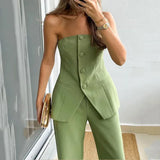Women's 2 Piece Set Strapless Vest Button Front Straight Leg – Night Out