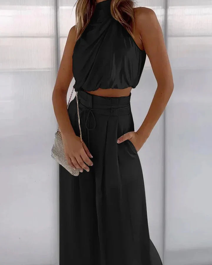 Women's 2 Piece Set Wide Leg Pants Halter Neck – Night Out