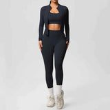 Women’s 3-Piece Gym Set Zip Front Square Neck High Waist – Fitness Studio Sessions