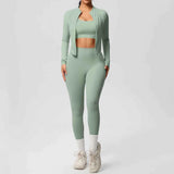 Women’s 3-Piece Gym Set Zip Front Square Neck High Waist – Fitness Studio Sessions