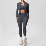 Women’s 3-Piece Gym Set Zip Front Square Neck High Waist – Fitness Studio Sessions